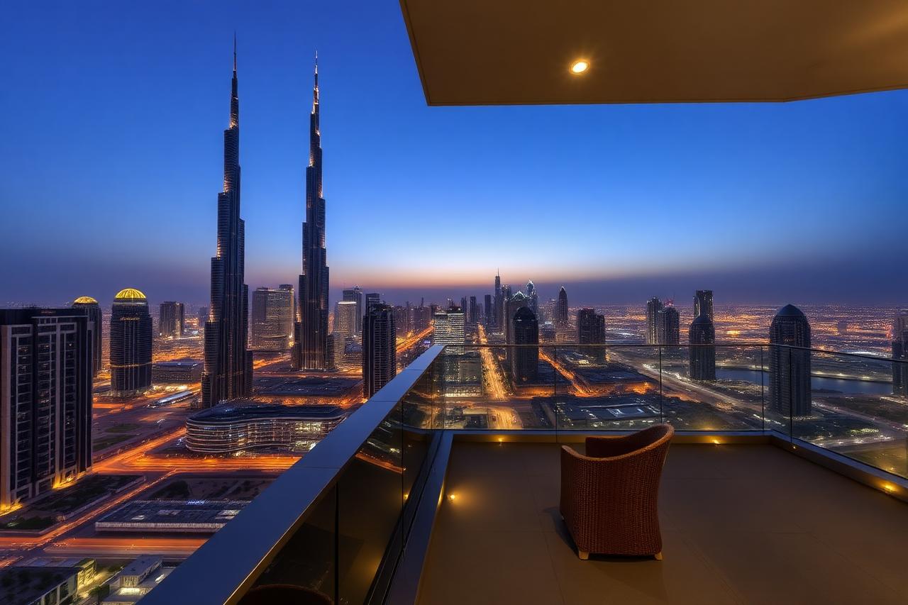 Penthouse terrace overlooking the Burj Khalifa and Downtown Dubai at dusk