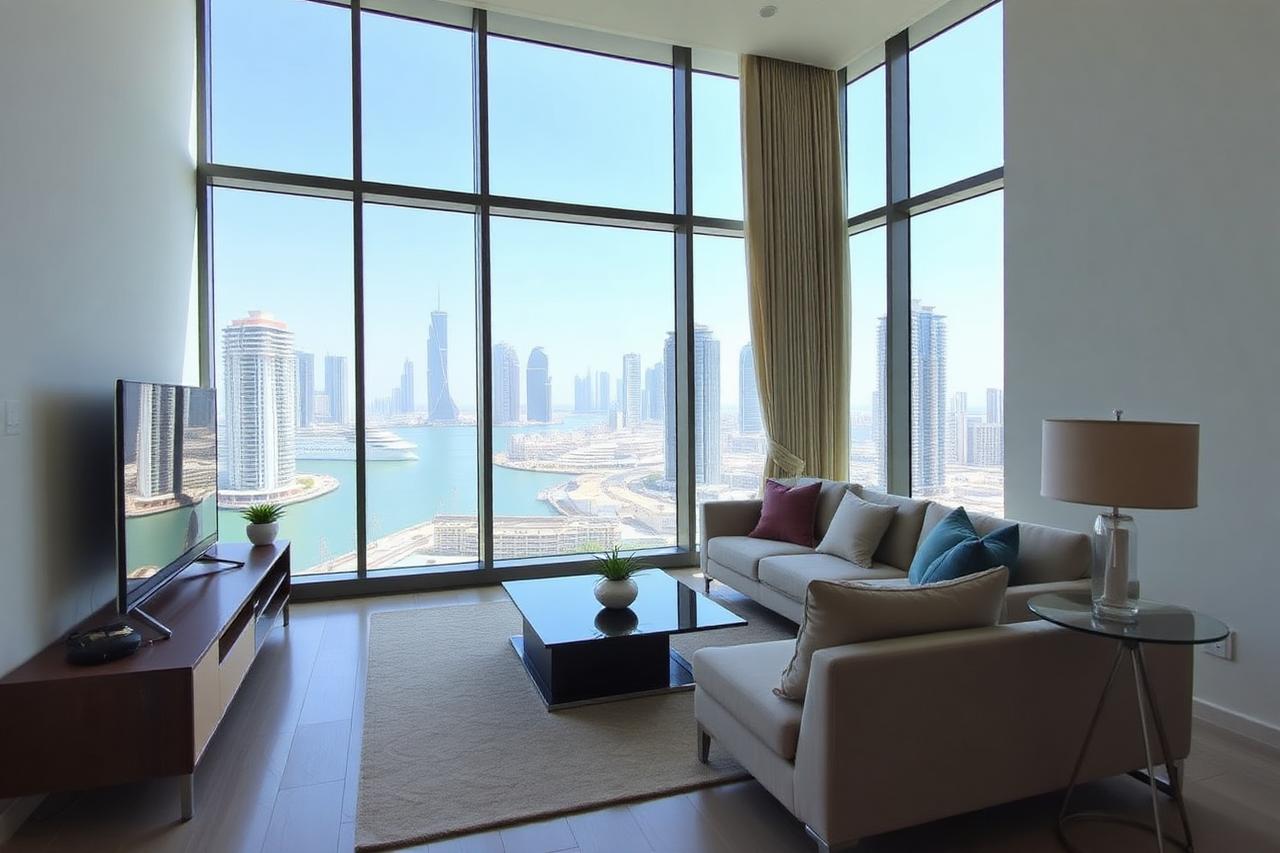 Bright apartment living room with floor-to-ceiling marina views