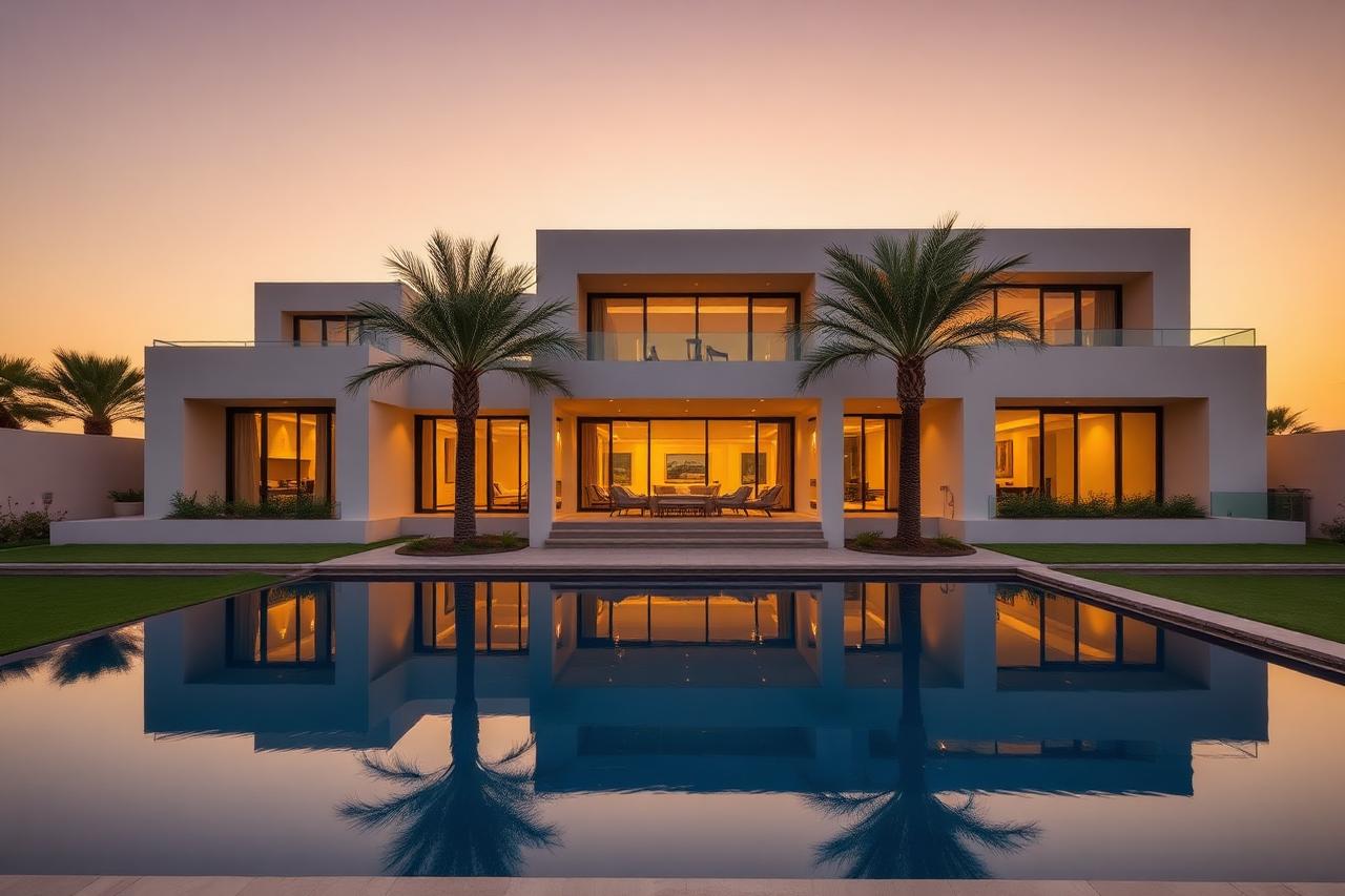 Modern Palm Jumeirah villa with reflecting pool at golden hour